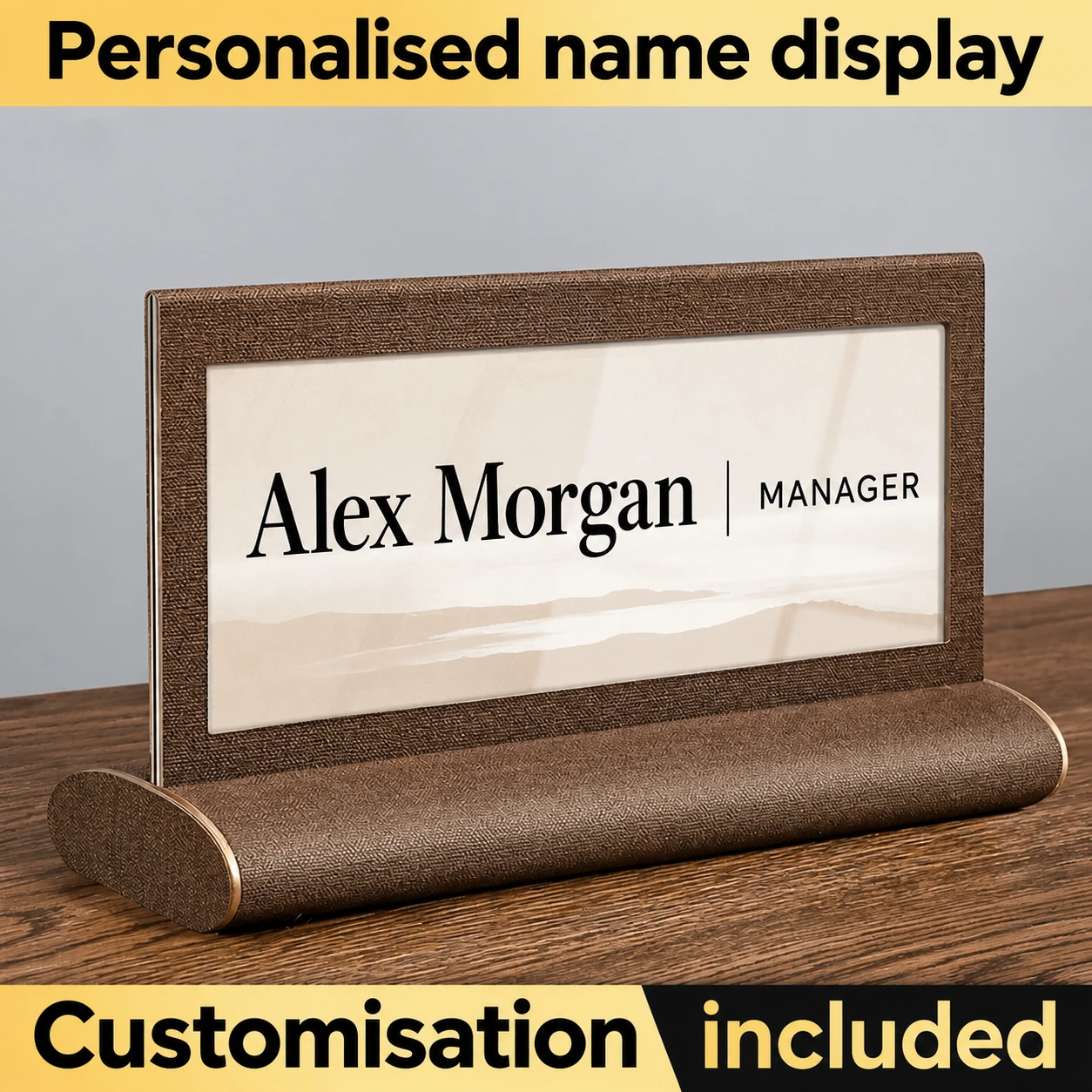 Portanombres de mesa personalizable para reuniones en marrón